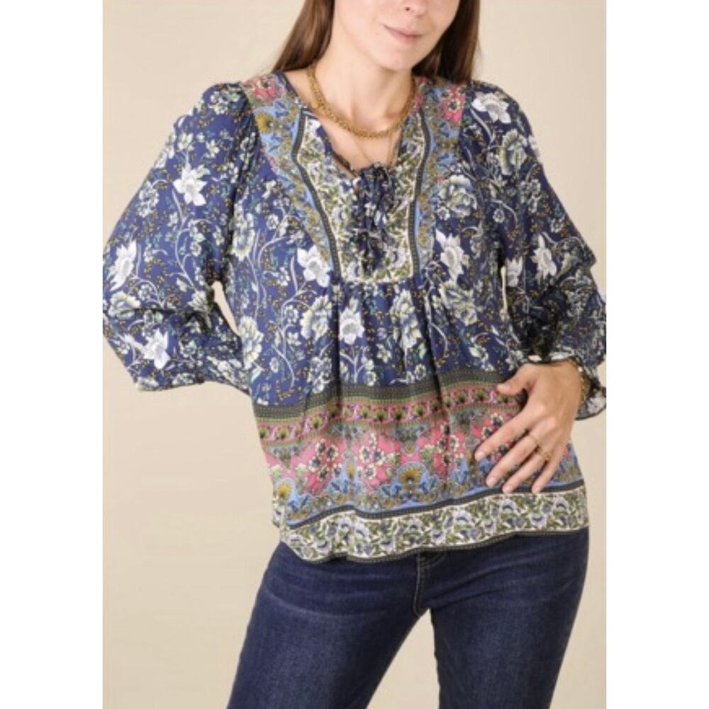 Women’s Boho Floral Tunic Top Blue Pink Peasant Blouse Long Sleeve Brown Coco 1X